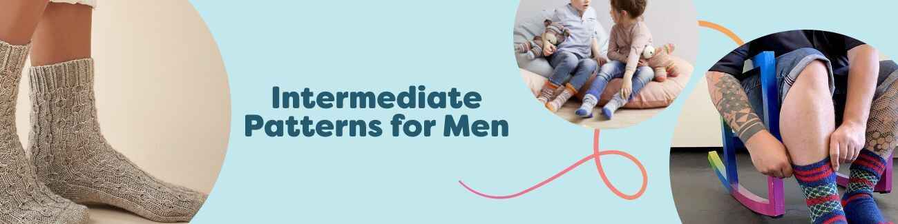 Collection of free intermediate men’s knitting and crochet patterns from Hobbii, featuring socks, hats, and shirts in modern styles.