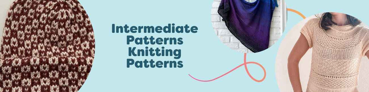 Collection image showing a grid of intermediate knitting patterns: a beanie, shawl, T-shirt, and sweater made with Hobbii yarns; ideal for confident knitters.
