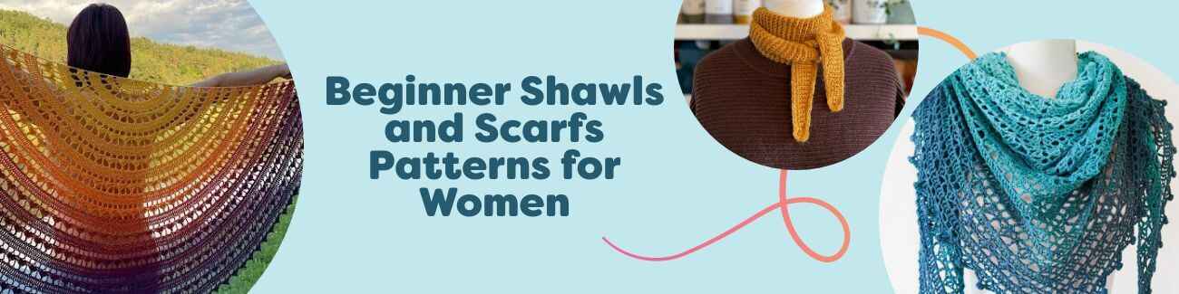 Flat lay of women's beginner shawl and scarf patterns in knit and crochet, with Hobbii yarn skeins in soft colors, plus needles and hooks.