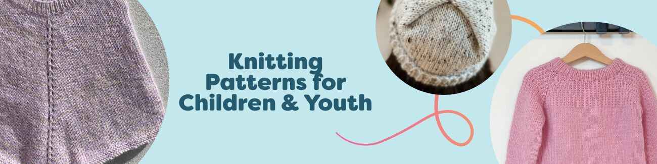 Collage of children’s and youth knitting patterns—cozy sweaters, hats, ponchos, and beanies in kid-friendly colors for babies through teens.