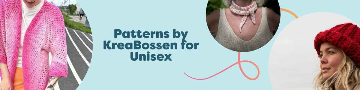 Unisex knitting and crochet patterns by KreaBossen at Hobbii, featuring scarf, hat, cardigan, and bag designs styled with matching yarn.