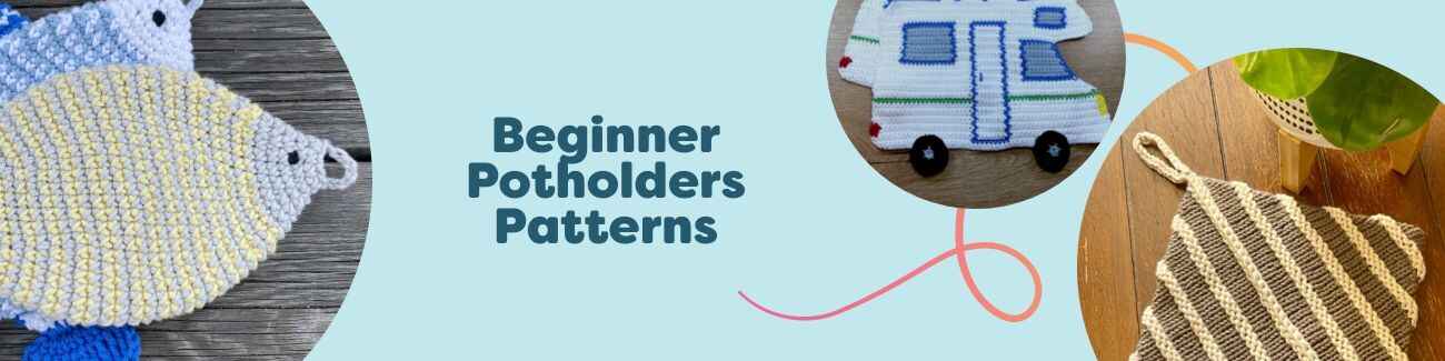 Colorful handmade potholders and a felted grill mitt styled with Hobbii yarn, hooks, and needles—simple textures and shapes ideal for beginners.