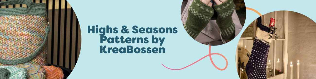 Flatlay of KreaBossen Highs & Seasons patterns from Hobbii: colorwork mittens, a Christmas sock, cone ornaments, and a textured bag in cozy yarns.