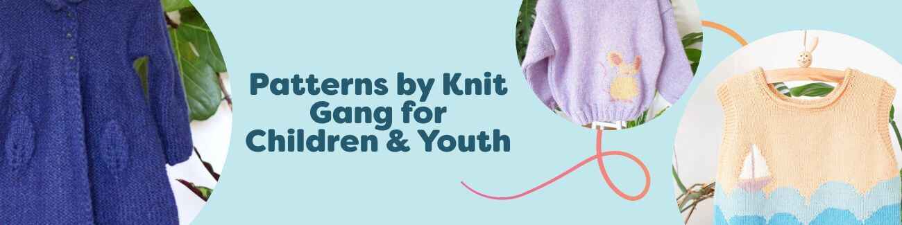 Colorful children’s knitwear—sweaters, a vest, and a coat—by Knit Gang for kids and youth, arranged in a clean product grid on Hobbii.