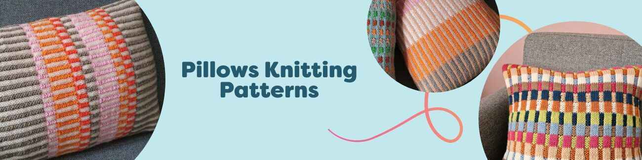 Assortment of pillow knitting patterns from Hobbii featuring textured stitches, colorwork cushions, and cozy modern home decor.