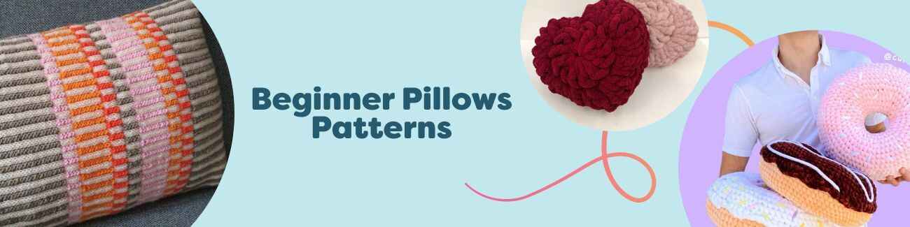 Collection of beginner-friendly crochet pillow patterns from Hobbii, showing textured squares, hearts, and round cushions styled on a sofa.