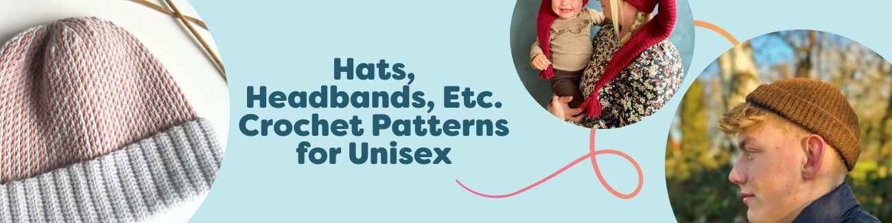 Collection image showing unisex crochet hats, headbands, and beanies made with Hobbii yarn in neutral and bright colors.