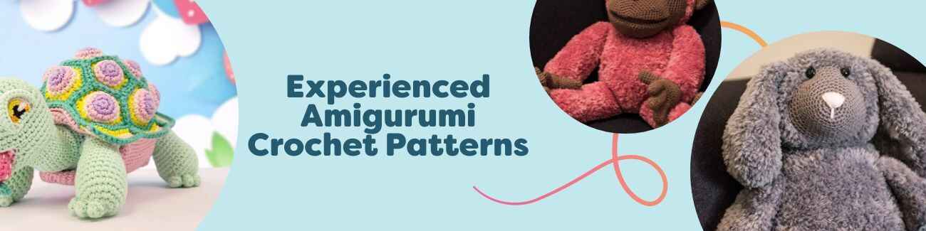 Assortment of experienced amigurumi crochet patterns by Hobbii featuring penguin, hippo, and tortoise plush toys, styled with yarn and hooks on a clean background.