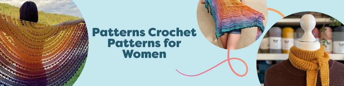 Flat lay of women’s crochet patterns from Hobbii featuring shawls and scarves, with colorful yarn skeins and hooks on a neutral background.