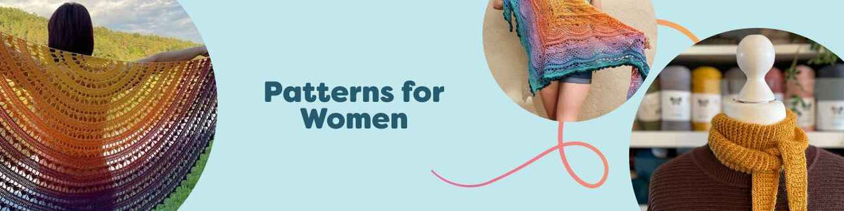 Assortment of women's knitting and intermediate crochet patterns from Hobbii, featuring shawls, scarves, and sweaters in soft yarns on female models.