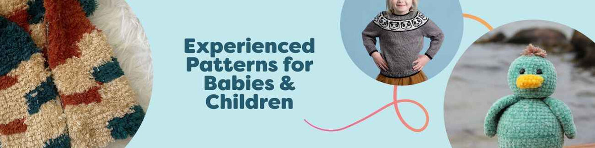 Selection of intermediate knit and crochet patterns for babies and children—sweaters, vests, and toys—made with soft Hobbii yarns.