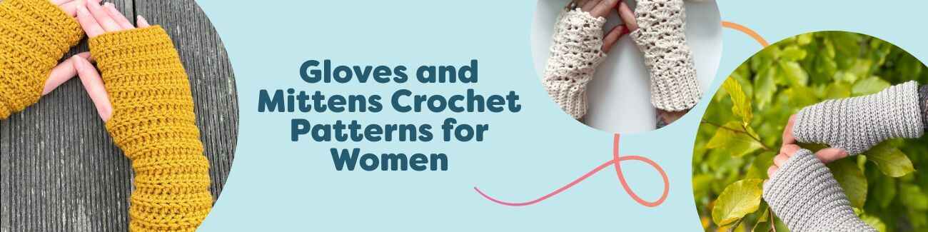 Flat lay of women's crochet gloves, fingerless gloves, wrist warmers, and mittens made with Hobbii yarns in neutral and jewel tones.