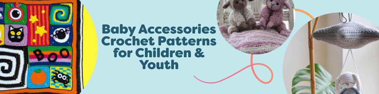 Free baby crochet accessories for children and youth: baby blanket, mobile, sensory cone toy, and watermelon rug made with Hobbii yarns.