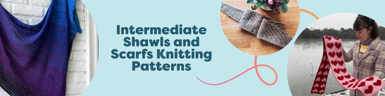 Assortment of intermediate shawl and scarf knitting patterns from Hobbii, with finished wraps and scarves styled alongside coordinating yarn and needles.