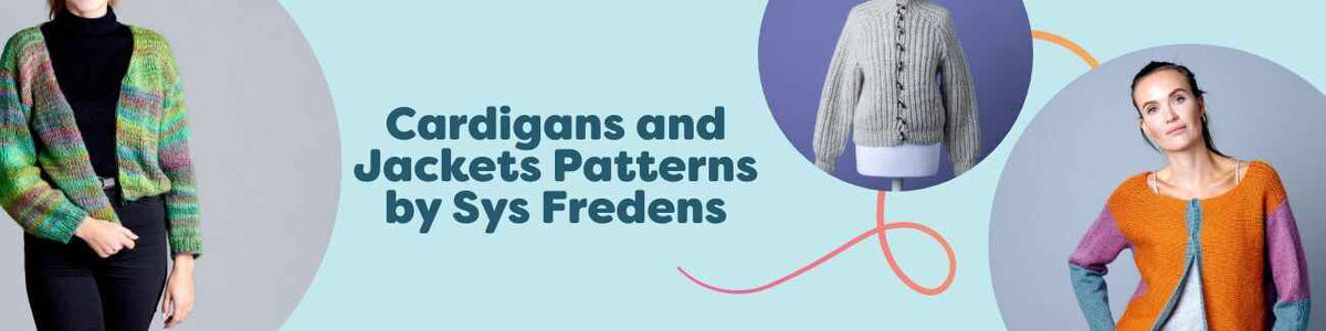 Collage of free cardigan and jacket patterns by Sys Fredens from Hobbii, showing models in knitted layers with rib and brioche textures in neutral yarns.