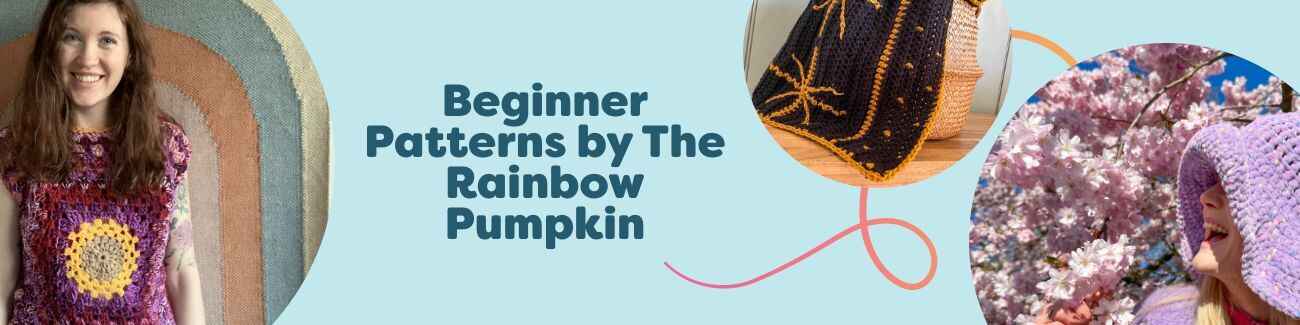 Beginner crochet pattern collection by The Rainbow Pumpkin showing a bucket hat, cozy blanket, watermelon bonnet, patchwork kids’ sweater, and adult top styled with Hobbii yarn.