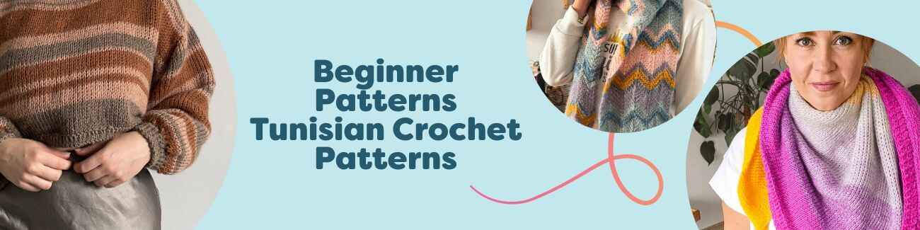 Beginner Tunisian crochet patterns from Hobbii: easy scarves, a shawl, and a simple sweater in soft yarns.