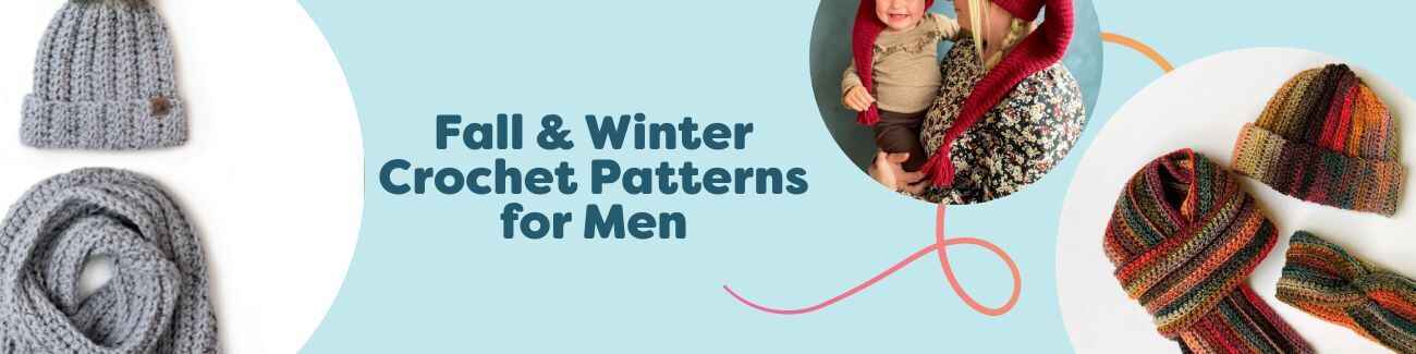 Man wearing crocheted beanie and scarf with matching mittens in cozy fall-winter colors, showcasing men's crochet patterns from Hobbii.