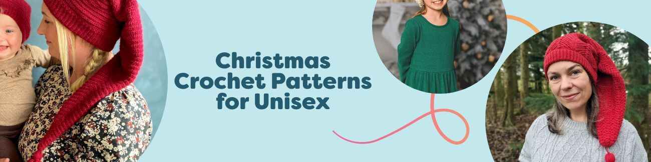 Unisex Christmas crochet patterns from Hobbii featuring cozy holiday hats and a matching scarf, styled in red, green, and winter neutrals.