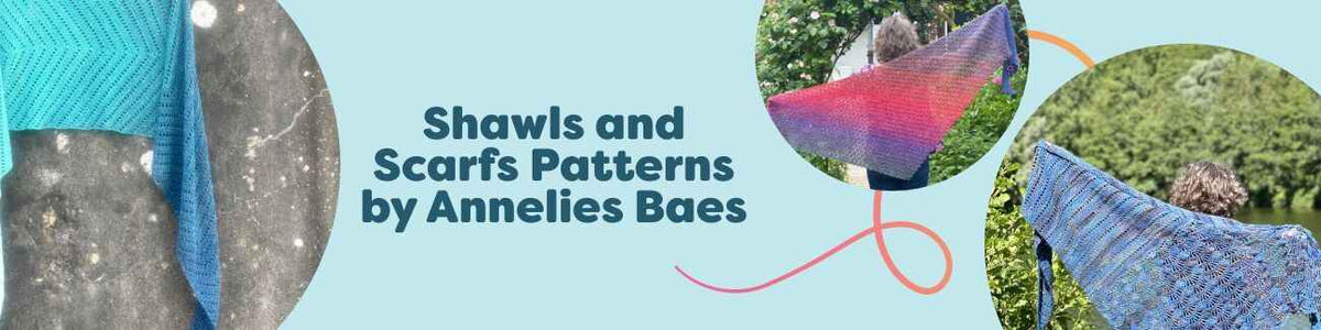 Assorted crochet shawls and scarves by Annelies Baes in various shapes and textures, styled with Hobbii yarns on a clean background.