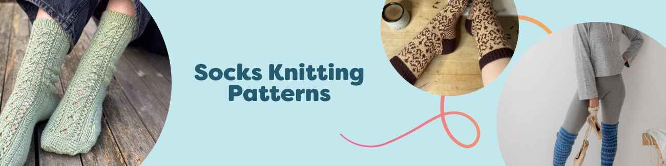 Flatlay of colorful hand-knit socks in varied patterns and sizes with Hobbii yarn skeins and needles, representing free sock knitting designs.