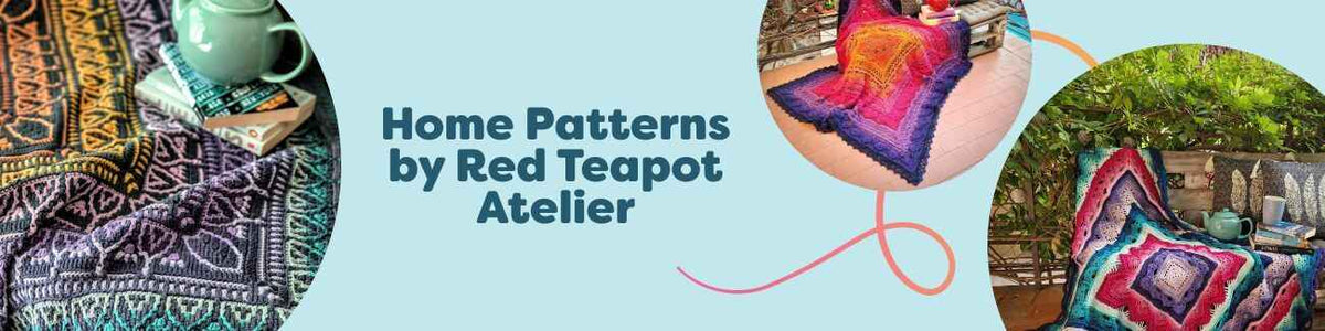 Tea-inspired home crochet blanket patterns by Red Teapot Atelier styled in a cozy living room, featuring textured stitches and Hobbii yarns.