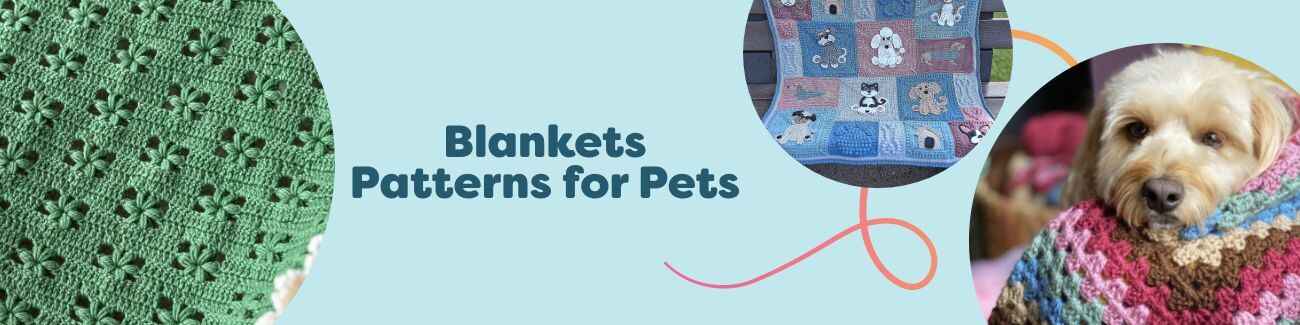 Collage of pet blanket patterns for dogs and cats: crochet and knit designs with paw-print and heart motifs, made in soft, colorful Hobbii yarns.