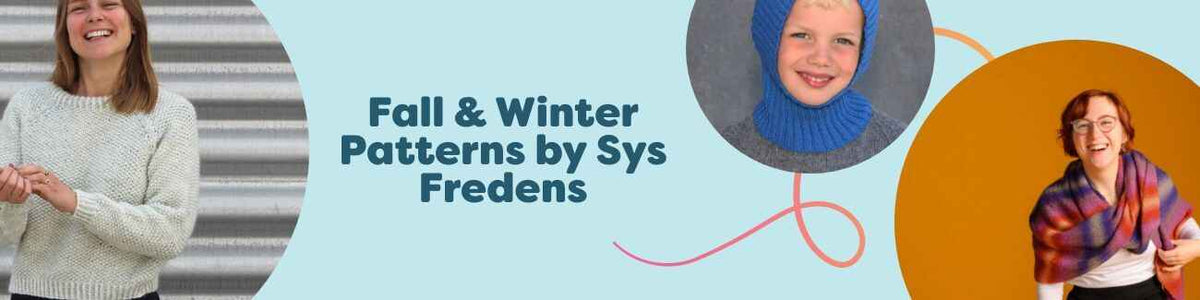 Banner for Free Fall & Winter Patterns by Sys Fredens at Hobbii, showing cozy knit and crochet projects—scarf, mittens, hat, sweater, and poncho.