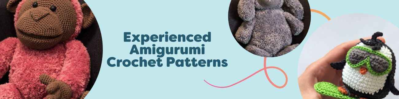Group of crocheted amigurumi toys—penguin, bunny, and doll—showcasing free experienced patterns from Hobbii