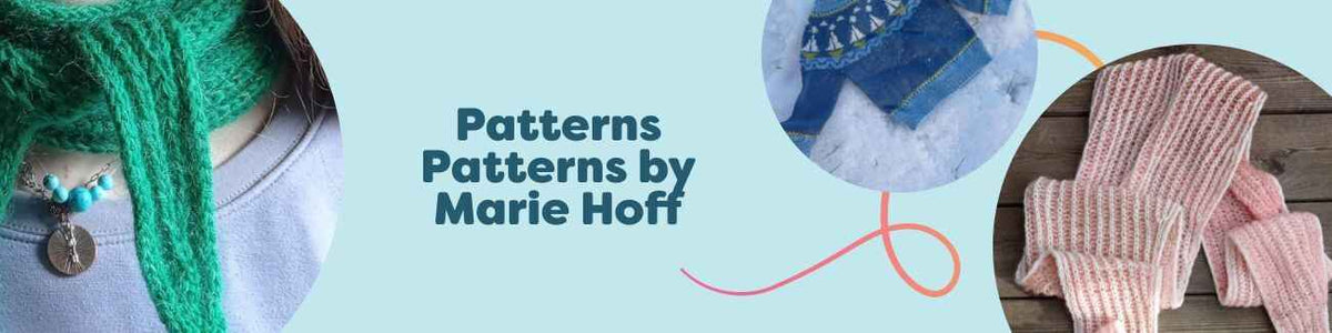 Collection of Marie Hoff knitting and crochet patterns from Hobbii, featuring shawls, scarves, baby sweaters, and cozy pullovers.