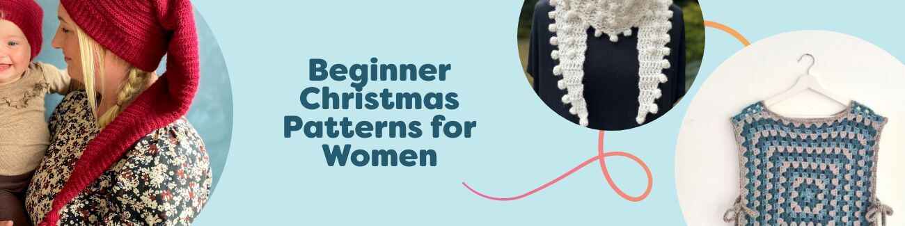 Assortment of beginner-friendly Christmas knitting and crochet patterns for women - hats, scarves, and sweaters in festive red, green, and white Hobbii yarns.