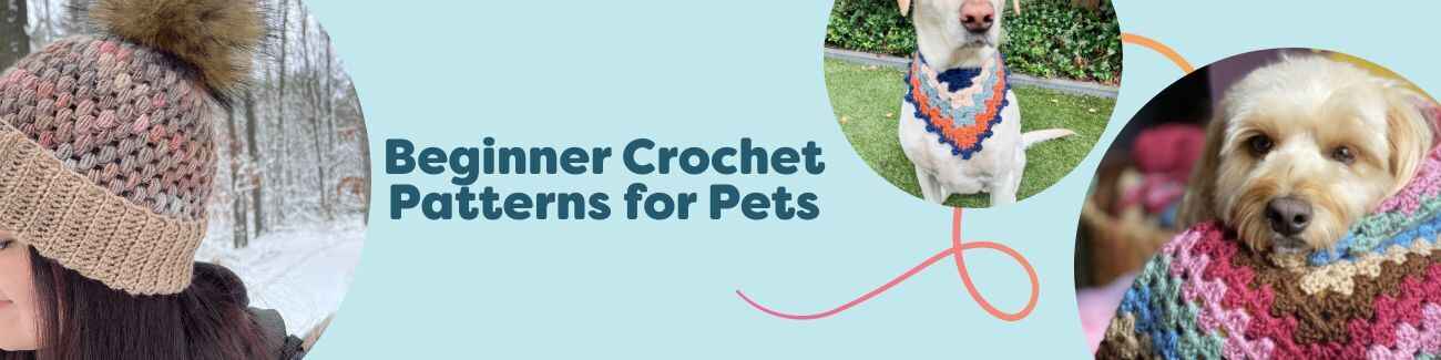 Dogs wearing handmade crochet bandanas, snoods, beanies, and a blanket from Hobbii's beginner pet pattern collection, made with soft, cozy yarns.