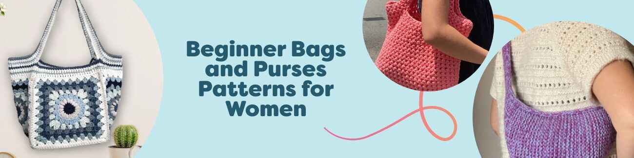 Selection of beginner-friendly crochet bag and purse patterns for women—totes, shopper totes, handbags, and granny cube designs made with Hobbii yarn.