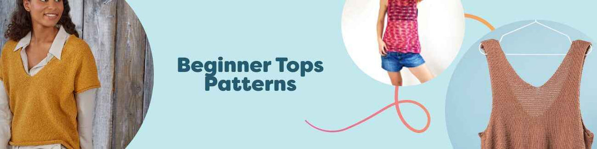 Collection of free beginner knit and crochet top patterns from Hobbii, including tanks, tees, vests, and summer tops.