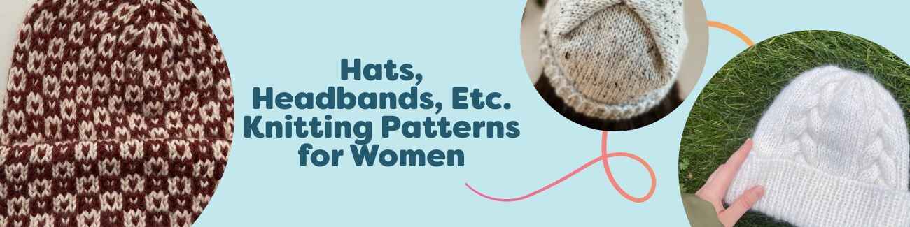 Assortment of women’s knitted hats, headbands, and a bucket hat in soft yarns, showing textures and colors—Hobbii knitting pattern collection.
