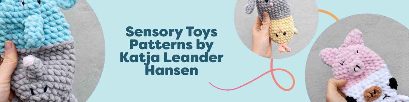 Collection of free reversible animal sensory toy crochet patterns by Katja Leander Hansen for Hobbii: Elephant & Mouse, Bunny & Chicken, Cow & Pig, Penguin & Polar Bear.