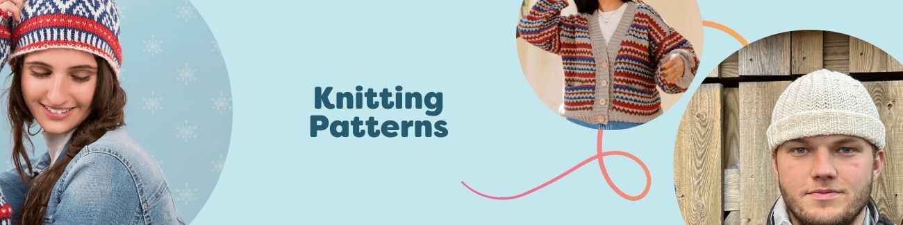 Assorted free knitting patterns from Hobbii featuring hats, cardigans, bags, and kidswear styled with colorful yarn skeins.