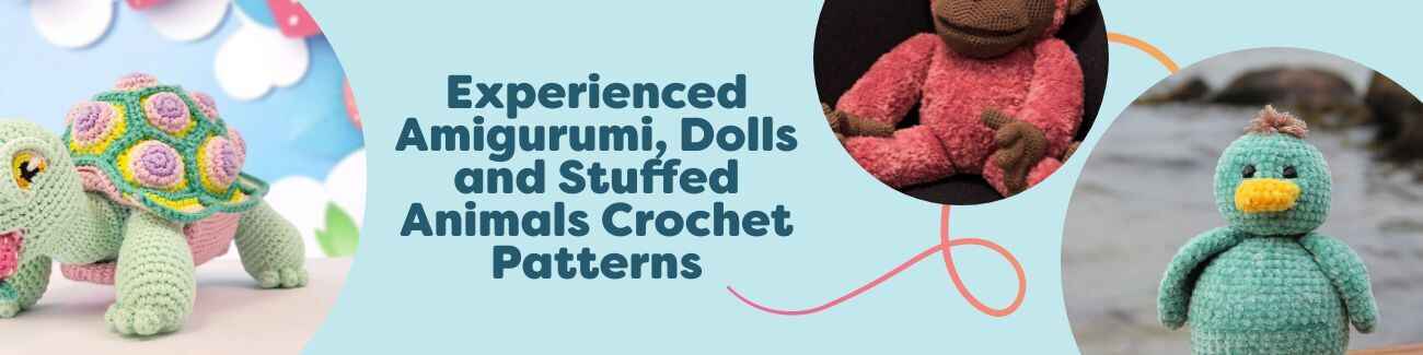 Group of amigurumi crochet toys—tortoise, bunny, and doll—styled with yarn balls, showcasing intermediate crochet patterns from Hobbii.
