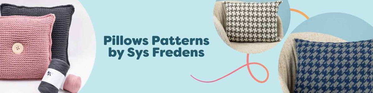 Free pillow patterns by Sys Fredens: knit cushions with houndstooth, braid, cross, and garter stitch designs from Hobbii.