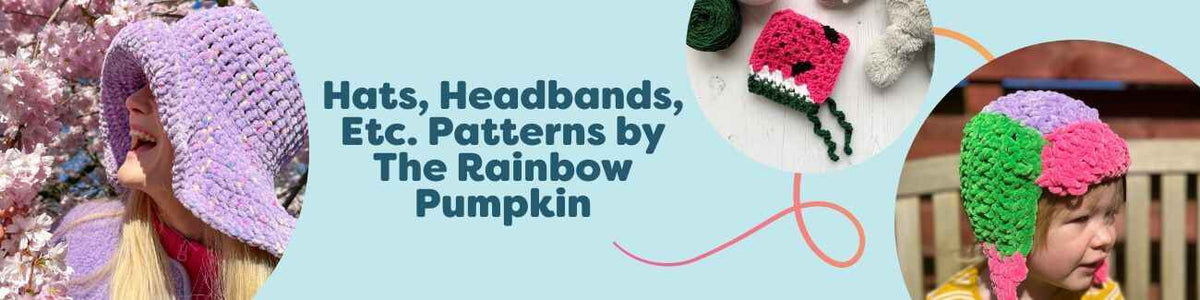 Crochet hat and headband patterns by The Rainbow Pumpkin: bucket hats, bonnets, and kids’ hats in colorful yarns at Hobbii.
