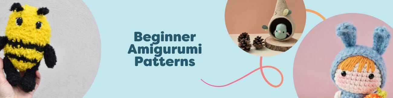 Free beginner amigurumi patterns from Hobbii shown as a grid of small crochet toys: mini bunny, chick, lamb, and a bird nest in soft pastel yarns.
