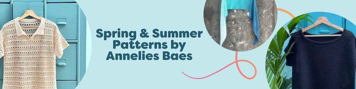 Spring and summer crochet patterns by Annelies Baes—lightweight tees, tops, and a mermaid-tail shawl in cotton yarns.