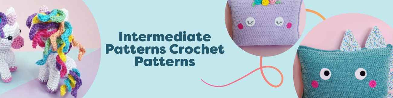 Free intermediate crochet patterns from Hobbii: unicorn and dino pillows, amigurumi strawberry, and an owl softie.