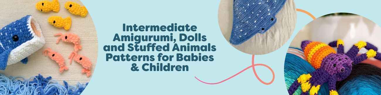 Assorted intermediate amigurumi crochet dolls and stuffed animals for babies and children, made with soft, kid-friendly yarns from Hobbii.