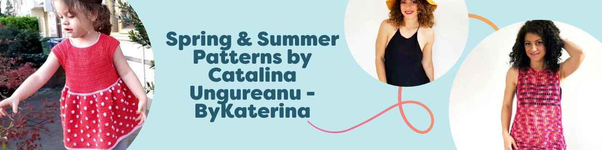 Lightweight spring and summer crochet patterns by ByKaterina—tops, dresses, vests, tees, and hats in bright colors, made with Hobbii yarns.
