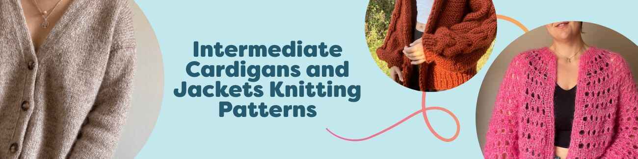 Models wearing intermediate-level knitted cardigans and jackets in varied styles and yarn weights from Hobbii, arranged as a curated collection.