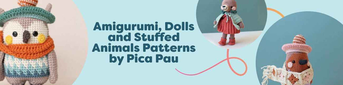 Colorful Pica Pau amigurumi crochet dolls and animals: owl, hare, robin, deer, and stoat, styled with Hobbii yarn.