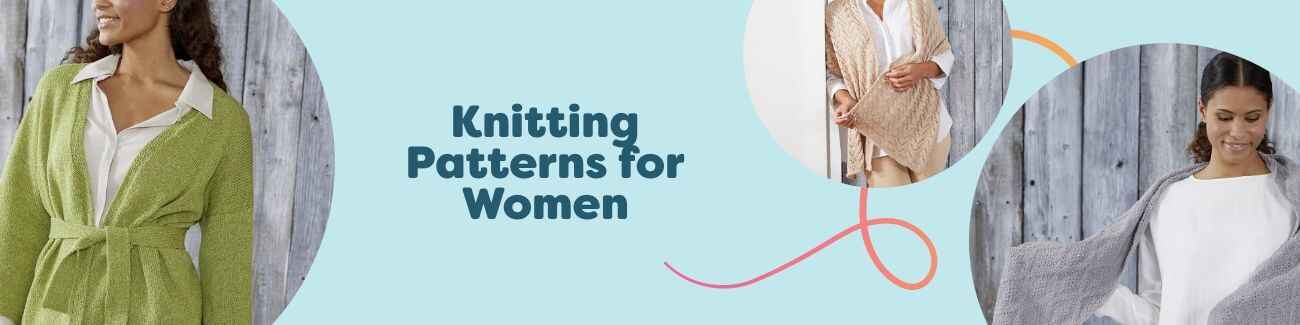 Collection image of free knitting patterns for women featuring cardigans, shawls, and vests made with soft Hobbii yarns on size-inclusive models.