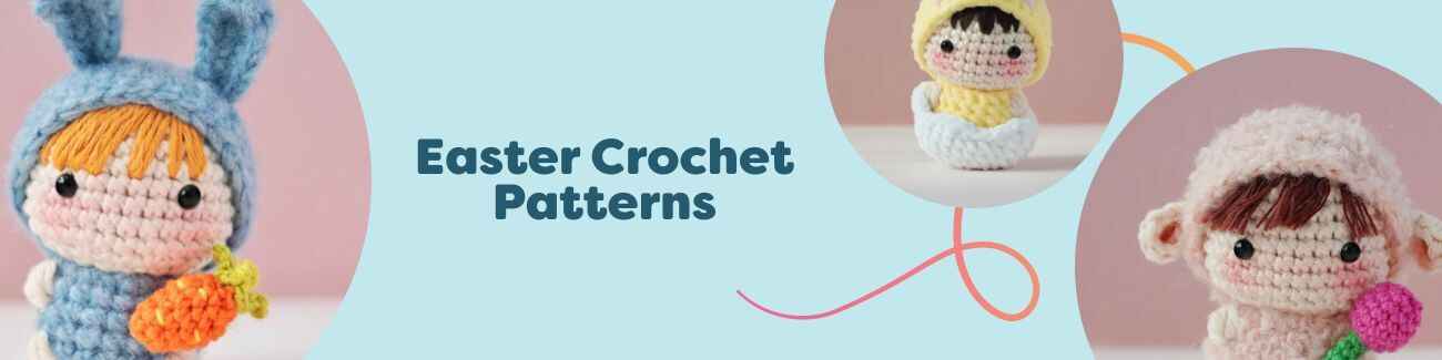 Collage of free Easter crochet patterns from Hobbii: mini bunny, chick, lamb, granny eggs, and crocus made with colorful yarn.