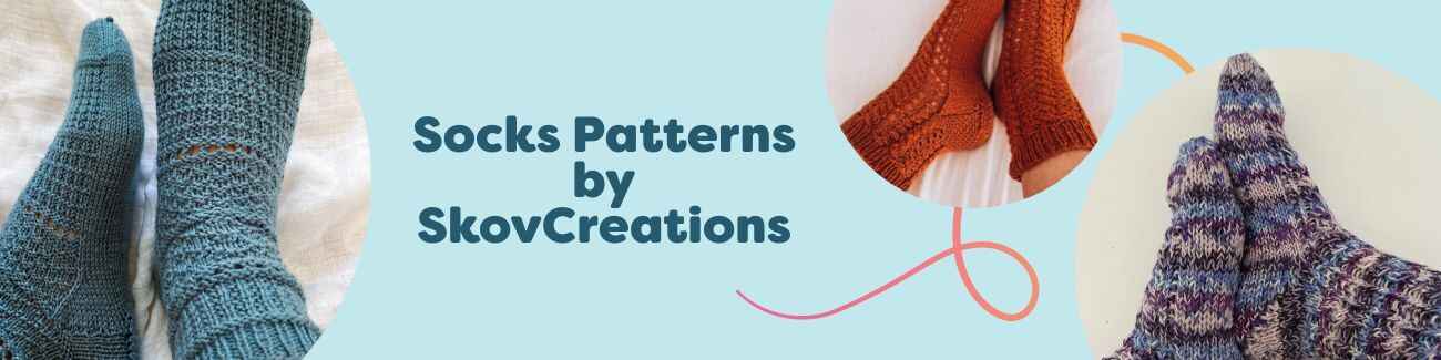 Assorted SkovCreations sock patterns at Hobbii: lace, cable, and textured designs including Structure Socks, Forest Lace, and Ziggyzag.